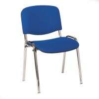 4 leg upholstered stacking side chair with chrome frame. Blue fabric.