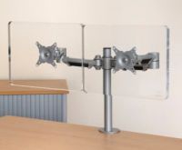 Dual monitor arm, manually adjustable. Silver.
