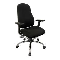 High back operator chair with height adjustable arms and on a chrome base. Blue fabric.