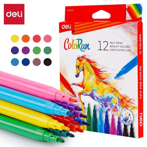 Deli Felt Pen Washable 1.0mm 12 Colours