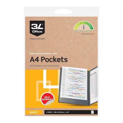 3L Self Adhesive Pocket Permanent A4 Open Short Side Clear Pk10