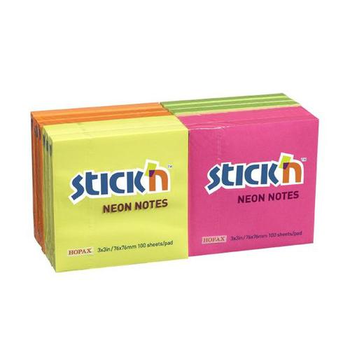 Stickn Adh Note 76x76mm Neon Astd Pack 12
