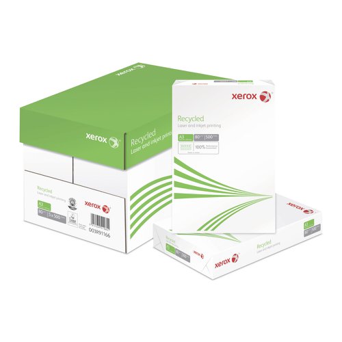 Xerox Recycled  80gm is a natural white paper made from 100% Post Consumer Waste (PCW) and is ideal for everyday home or office printing. De-inked without bleaching and free from optical brightening agents (OBA). Techniques: Mono Laser Printing. High opac