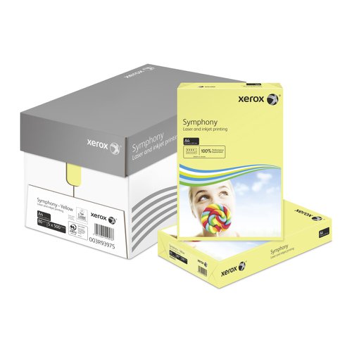 Looking to add some colour to your life? Xerox A4 Symphony Pastel Yellow Paper helps your documents stand out from the pack.  Created according to the exacting standards applied to all Xerox products, it has the same smooth surface, printability and excellent opacity we have come to expect.  Designed for high speed, high volume printing and compatible with all laser, inkjet and copier printers, this 80gsm paper is nothing less than the very best.