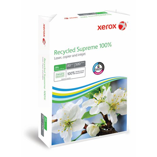 Xerox Recycled Supreme A4 80gm is a premium quality bright white paper made to deliver outstanding performance in laser and inkjet printers.  Made from 100% selected post consumer waste. Use For, Any internal Office communication, Invoices, Externalletters and communication. Techniques, Laser and Copier B&W printing.  Random colour laser printing.  Inkjet printing