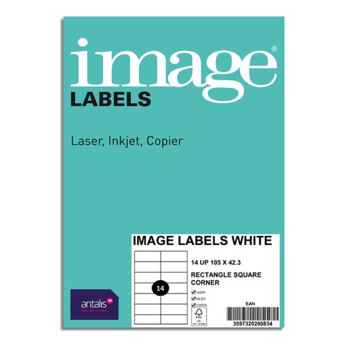 Image A4 Multiprint Permanent Labels FSC4 Sc105x42.3mm 14 Lab/Sh 100Sh/Pk
