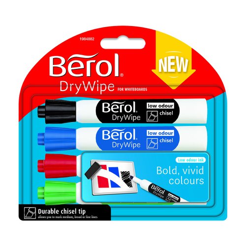 603987 | Berol Dry Wipe whiteboard markers feature low-odour ink, making them perfect for sharing thoughts and ideas in offices, classrooms and the home. This pack of whiteboard pens have a chisel tip that draws both thick and thin lines smoothly at any angle and is easy to read from a distance, plus the large barrel provides a comfortable grip, whatever the task. When not in use, the clever cap and barrel design allows for horizontal stacking.