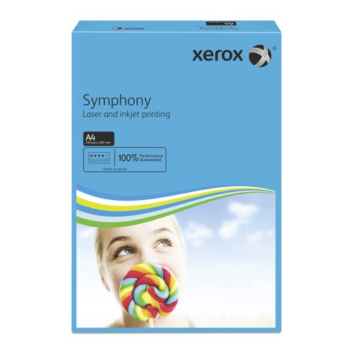 617538 | Xerox Symphony tints are a comprehensive range of coloured papers. The paper is manufactured to the same exacting standards as Xerox Premier paper. The clear wrap enables quick and easy colour recognition without opening the pack. Xerox Symphony paper is ideal for the colour coding of documents or when maximum impact is required. PEFC