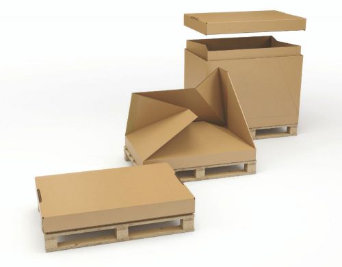 A selection of palletised containers each comprising of a cap, sleeve and tray with an integral wooden four way entry pallet, supplied collapsed flat in a single unit. Use For, Replacing heavy pallet crates, reusable transport container, single container for both for storage and transport.