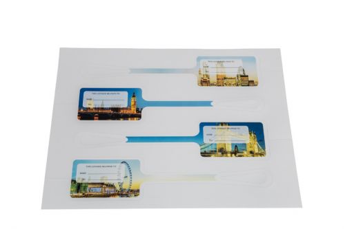 617492 | A perforated luggage tag product.  Simply print and pull out; no finishing required. Use For,  Hotel door handle hangers,  Personalised luggage tags,  Outdoor/indoor signageTechniques, Mono or Colour Laser Printing