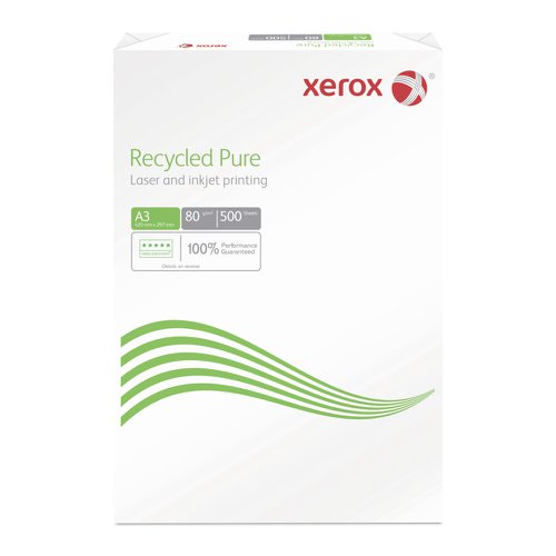 Xerox Recycled Pure A3 80gm is a natural white  paper made from 100% Recycled Cellular Fibre (RCF) and is ideal for everyday home or office printing. De-inked without bleaching and free from optical brightening agents (OBA). Wrapped and packed in recycled material