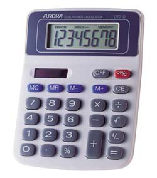 25913JG | Dual powered desktop calculator with large 8 digit fixed angle display and spacious keypad. Features include: 4 key memory; constants: addition division multiplication and subtraction; percentage & square root keys and +/- change sign key.