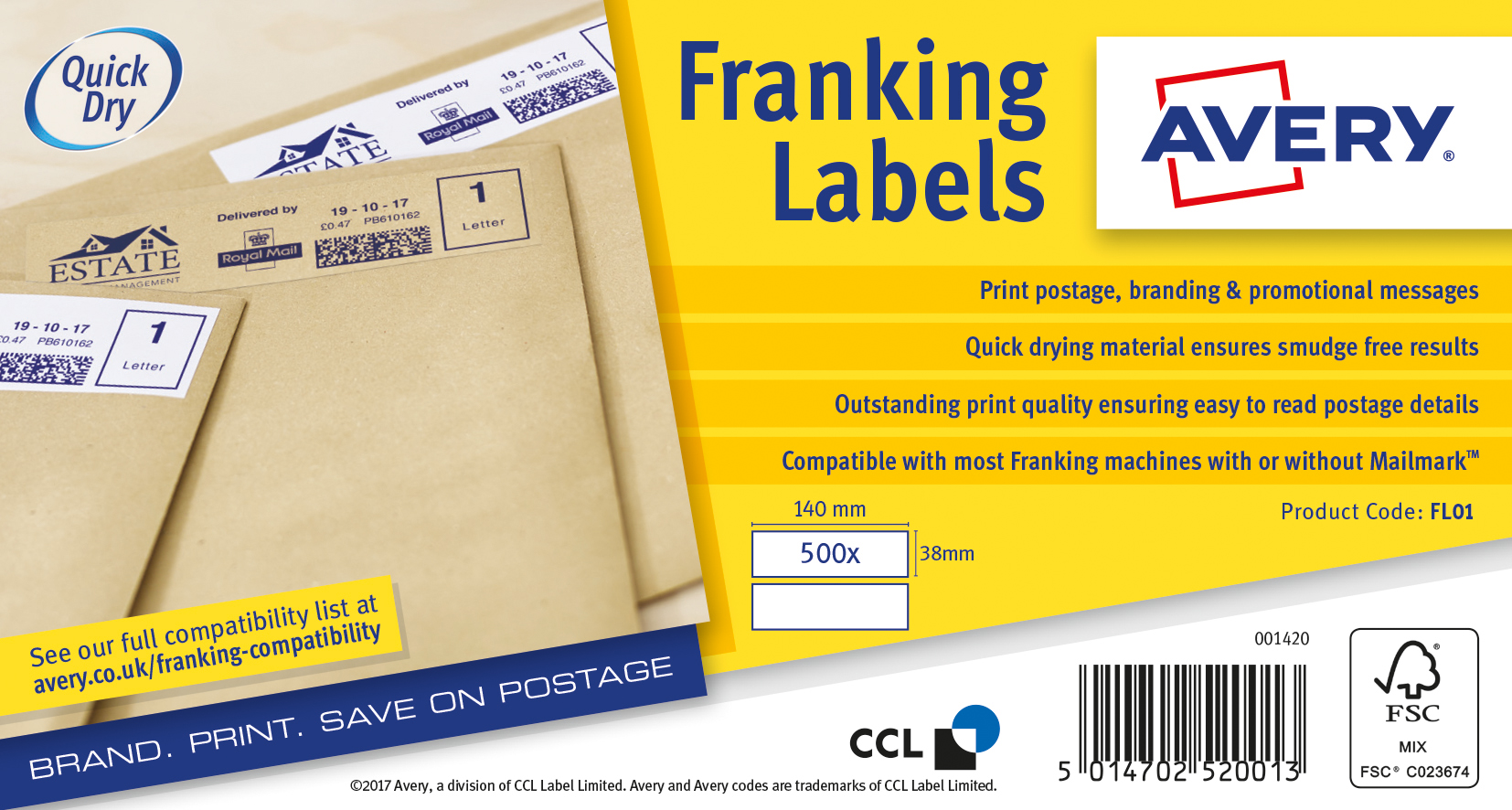 Avery Franking Label 140x38 2up Wht Bx1000