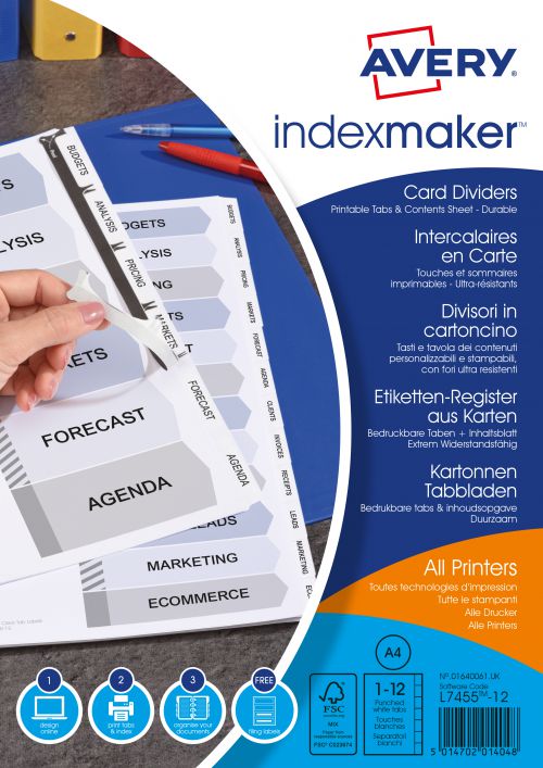 Avery Indexmaker Divider 12 Part A4 Punched 190gsm Card White with White Mylar Tabs 1816061