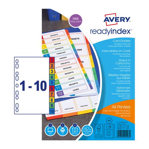 Avery Readyindex Mylar 1-10 Punched 01735501