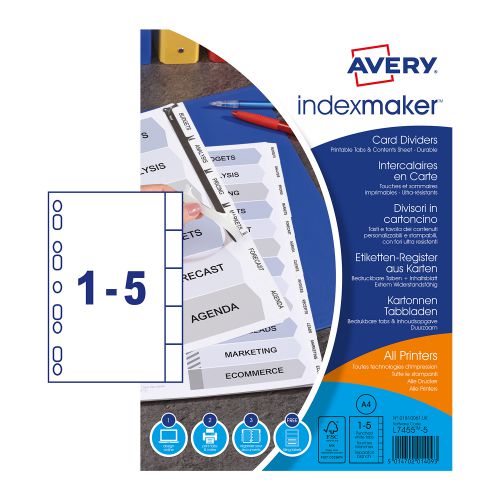 Avery Indexmaker Divider 5 Part A4 Punched 190gsm Card White with White Mylar Tabs 01810061 Plain File Dividers 42718AV
