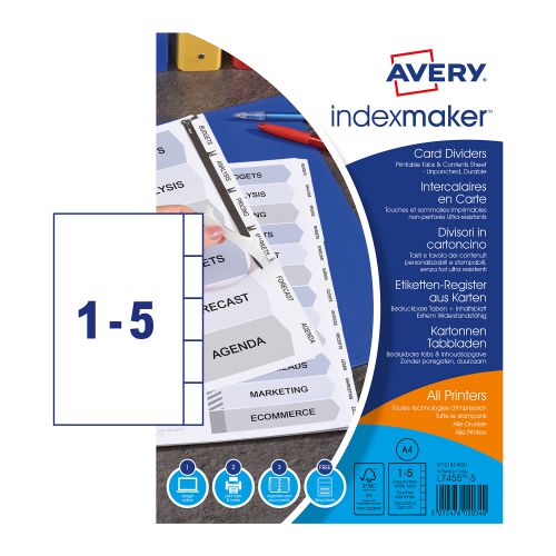 42732AV | Avery IndexMaker™ Dividers are the complete, 100% customisable indexing solution. Smart, professional, and extra durable, the Avery IndexMaker™ range of dividers will help you to create impressive customer presentations, training packs and course folders.Each pack includes dividers, a contents sheet, Easy Apply tab labels and a FREE sheet of L4761 filing labels to complete your filing solution.