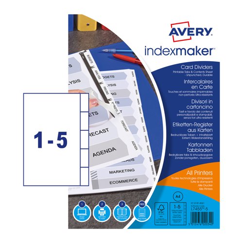 Avery Indexmaker Divider 5 Part A4 Unpunched 190gsm Card White with White Mylar Tabs 01814061