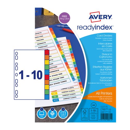 Avery Readyindex Divider 1-10 A4 Punched 190gsm Card White with White Coloured Tabs 01971501