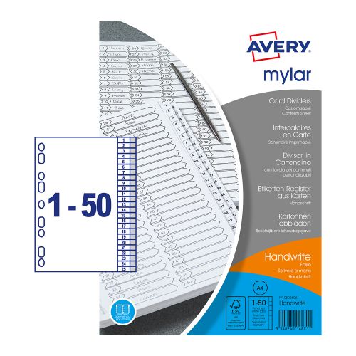 Avery Mylar 1-50 Reinforced Printable Dividers A4 05226061