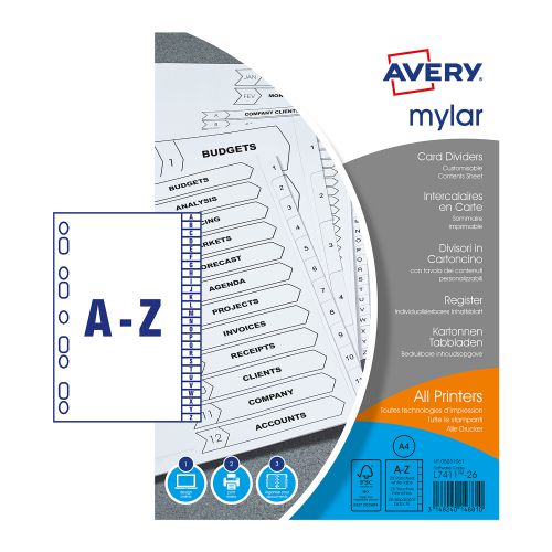 Avery Index Mylar A-Z 26-Part Punched Mylar-reinforced Tabs 150gsm A4 White Ref 05231061