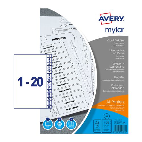 Avery Index Mylar 1-20 Unpunched Mylar-reinforced Tabs 150gsm A4 White Ref 05242061 [Pack 5] Avery UK