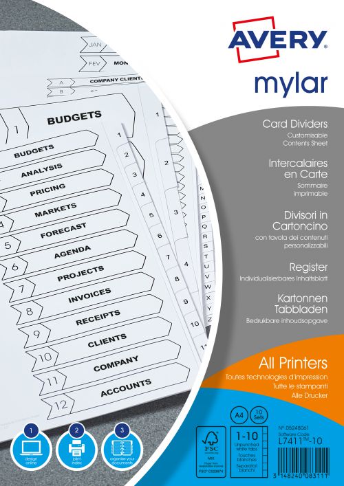 Avery Index Mylar 1-10 Unpunched Mylar-reinforced Tabs 150gsm A4 White Ref 05248061 [Pack 10]