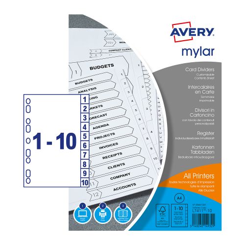 Avery Index Mylar 1-10 Punched Mylar-reinforced Tabs 150gsm A4 White Ref 05461061 Avery UK