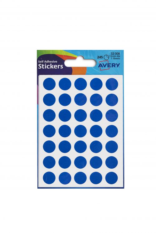 Avery Coloured Label Round 12mm Diameter Blue (Pack 10 x 245 Labels) 32-308