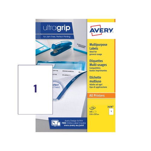 Avery 3478 Multipurpose Labels 100 sheets - 1 Label per Sheet Large Labels 34412J