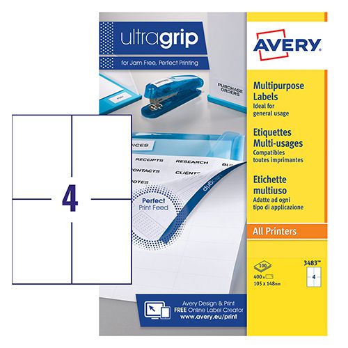 Avery 3483 Multipurpose Labels 100 sheets - 4 Label per Sheet | 34413J | Avery UK