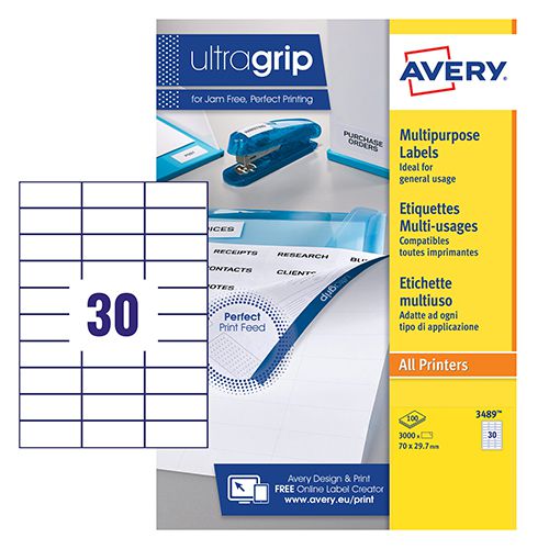 Avery Multipurpose Labels are compatible with all printers including copiers, and now come with NEW UltraGrip™ varnish technology!UltraGrip™ technology was designed to give you absolute confidence that you are putting only the highest quality product through your printers. The blue bar on the top, bottom and sides of the back sheet has varnish dots to ensure the printer feeds the label sheet correctly. Printers aren’t perfect, so to ensure you get the best results, select ‘labels’ as the media type, and also use the multipurpose tray to load the sheets, as we always recommend when using our labels.The Avery JamFree guarantee means that your product is produced and formatted in a way that prevents adhesives bleeding into your printer. This will give you peace of mind by ensuring no printer jams due to adhesive build-up.The label format is 70 x 29.7 mm with 30 labels per sheet and is ideal for all sorts of applications.Print your labels with FREE Avery Design & Print online label creator. Visit www.avery.co.uk/print