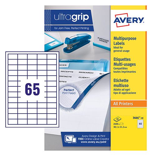 43383AV | Avery Multipurpose labels are compatible with all printers including copiers, and now come with NEW UltraGrip™ varnish technology!UltraGrip™ technology was designed to give you absolute confidence that you are putting only the highest quality product through your printers. The blue bar on the top, bottom and sides of the back sheet have varnish dots to ensure the printer feeds the label sheet correctly. Printers aren’t perfect, so to ensure you get the best results, select ‘labels’ as the media type, and also use the multipurpose tray to load the sheets, as we always recommend when using our labels. The label format is 38.1 x 21.2 mm with 65 labels per sheet and are ideal for all sorts of applications