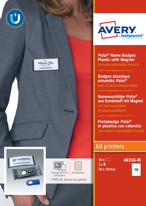 Avery 4835G-M Polar® Badges, 30 x 65mm, 18 Inserts Per Sheet, 54 Inserts Per Pack, 10 Badges Per Box