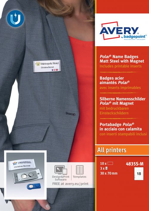 Avery 4835S-M Polar® Badges, 30 x 65mm, 18 Inserts Per Sheet, 54 Inserts Per Pack, 10 Badges Per Box