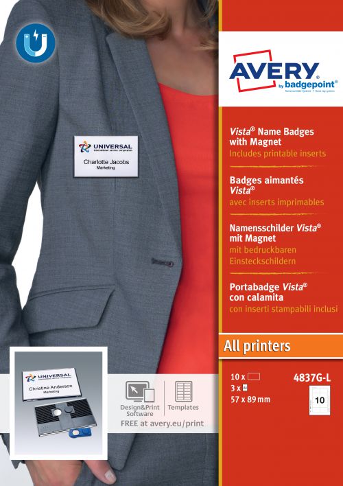 Avery 4837G-L Vista® Badges, 54 x 85mm, 10 Inserts Per Sheet, 30 Inserts Per Pack, 10 Badges Per Box
