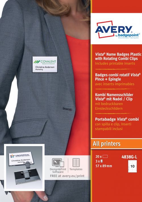 Avery 4838G-L Vista® Badges, 54 x 85mm, 10 Inserts Per Sheet, 30 Inserts Per Pack, 20 Badges Per Box