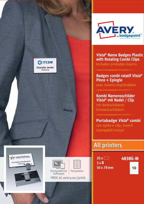 Avery 4838G-M Vista® Badges, 47 x 75mm, 10 Inserts Per Sheet, 30 Inserts Per Pack, 20 Badges Per Box