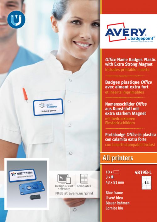 Avery 4839B-L Office Badges, 37 x 75mm, 14 Inserts Per Sheet, 42 Inserts Per Pack, 10 Badges Per Box