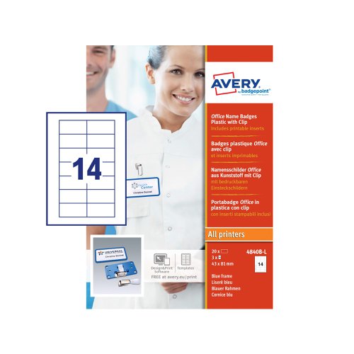 Office 40 Name Badge with Susp Clip Blue 20 Badges 42 Lbls