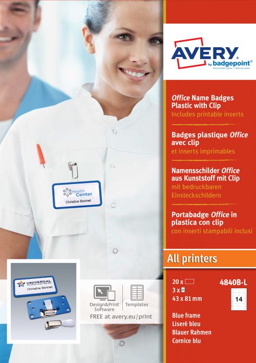 Avery 4840B-L Office Badges, 37 x 75mm, 14 Inserts Per Sheet, 42 Inserts Per Pack, 20 Badges Per Box