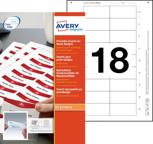 Avery Printable Inserts 65mm x 30mm All printer types 180 Inserts / 10 Sheets - 6530