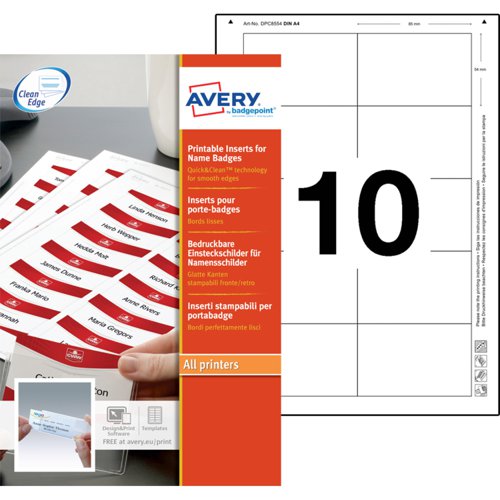 Avery Printable Inserts 85mm x 54mm All printer types 100 inserts / 10 Sheets - 8554