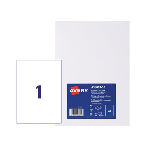 Avery A3L003-10 Transparent Display Labels; A3; Removable and Repositionable; 1 Label Per Sheet; 10 Labels Per Pack
