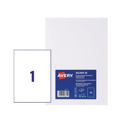 Avery A3L004-10 Transparent Display Labels; A3; Removable and Repositionable; 1 Label Per Sheet; 10 Labels Per Pack