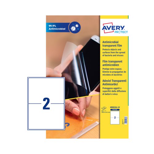 Avery Antimicrobial Film Label Removable 199.6x143.5mm 2 Per A4 Sheet Clear (Pack 20 Labels)