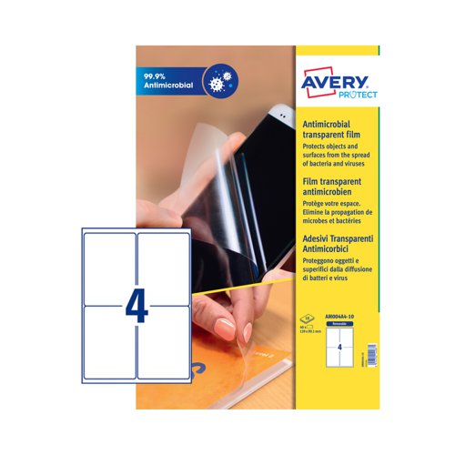 Avery Antimicrobial Film Label Removable 139mmx99.1mm 4 Per A4 Sheet Clear (Pack 40 Labels)
