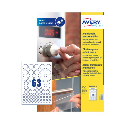 Avery Antimicrobial Film Round Label Permanent 63 Per A4 Sheet Assorted Sizes Clear (Pack 630 Labels)