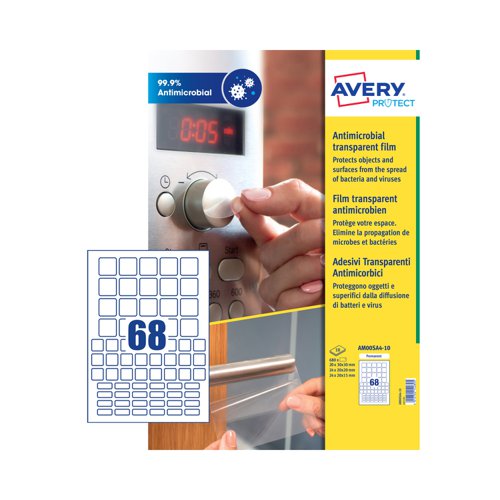 Avery Antimicrobial Film Square Label Permanent 68 Per A4 Sheet Assorted Sizes Clear (Pack 680 Labels)