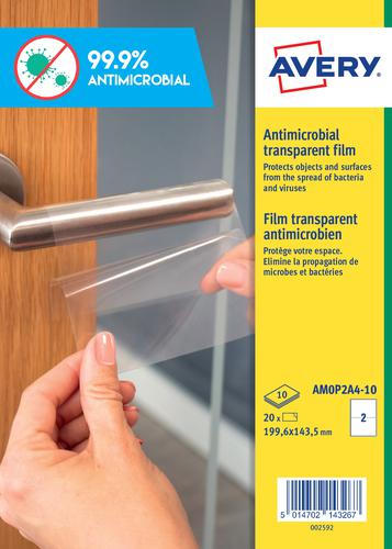 Avery Antimicrobial Film Label Removable 199.6x143.5mm 2 Per A4 Sheet Clear (Pack 20 Labels)